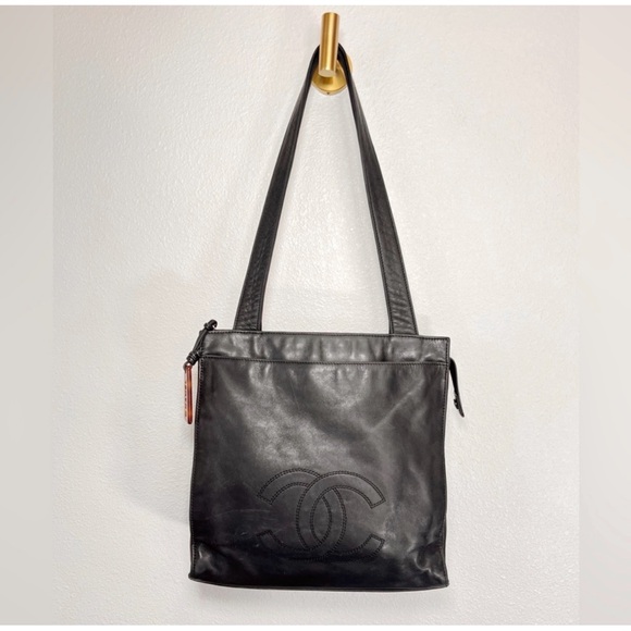 CHANEL Authentic Vintage Lambskin CC Stitched Logo Tote Purse - Picture 1 of 16